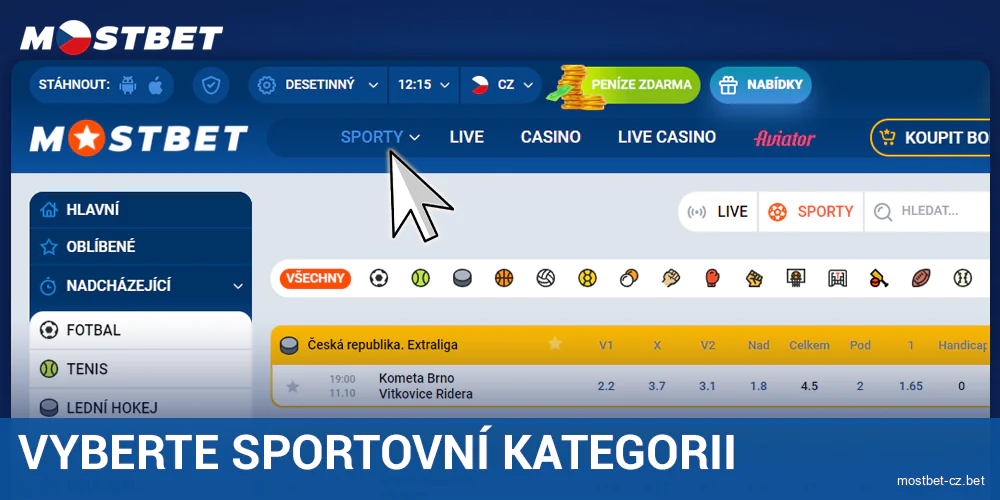 Vybrat sportovní kategorii na Mostbet CZ